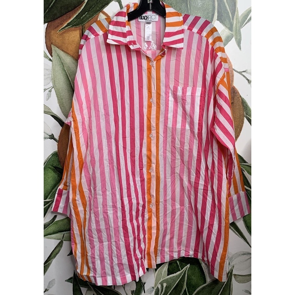 NEW BEACH RIOT Shirt Sunset Stripes Button Front Oversized Cover up L/XL